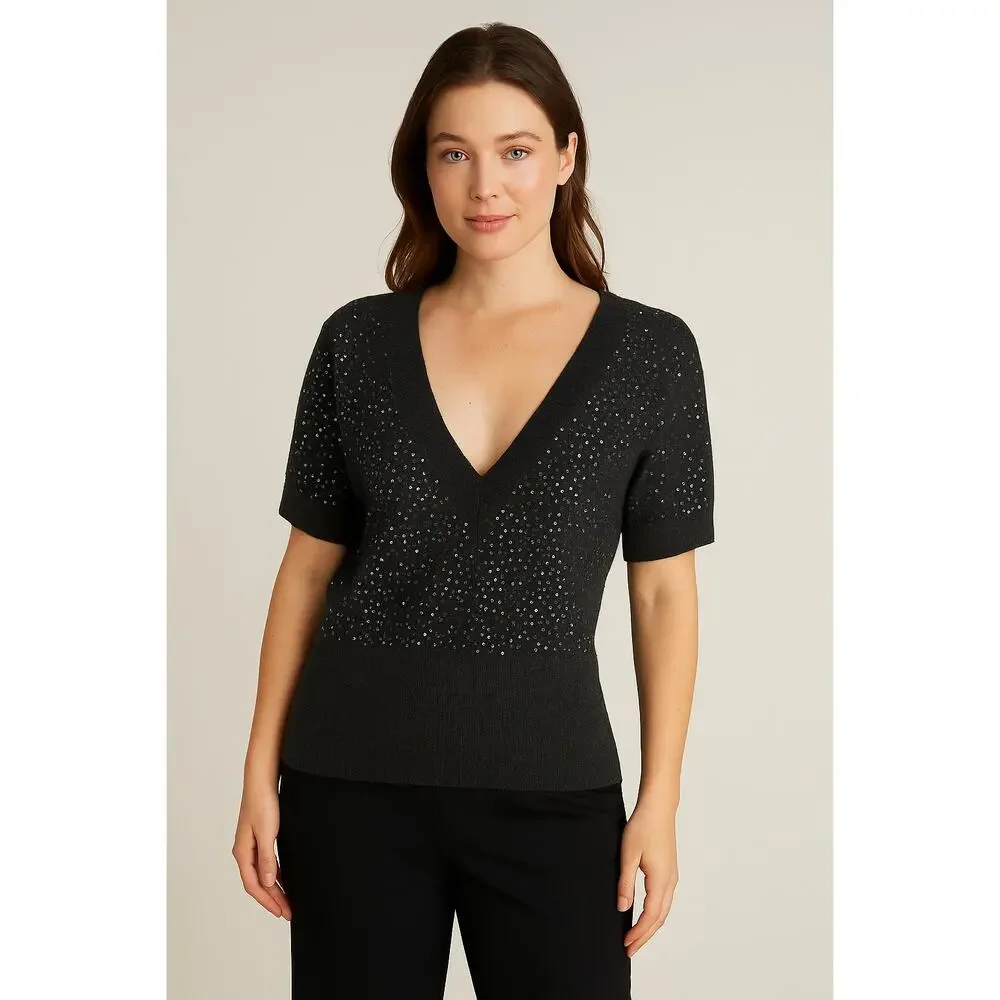 BCBGMAXAZRIA Sequin Short Sleeve Sweater – Charcoal Gray – Size M